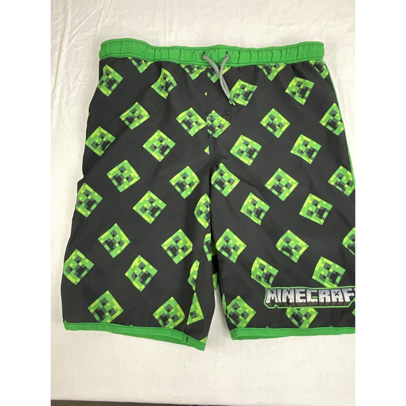 Minecraft Swim Trunks Board Shorts Youth Boys Large Green Creeper Faces Kids - Picture 1 of 4